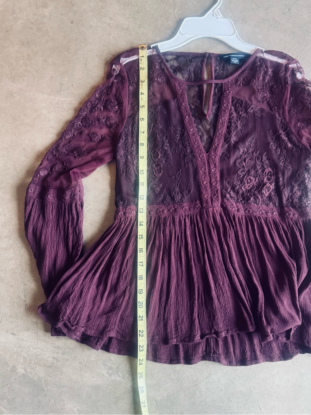 American Eagle Outfitters Burgundy Lace Peasant Blouse Ruffles, Babydoll, S - Picture 9 of 9